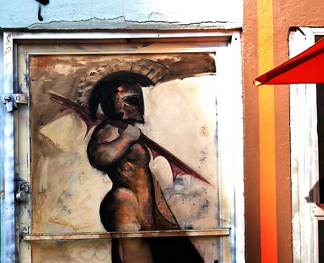 Trojan warrior on locked door, Melrose Avenue