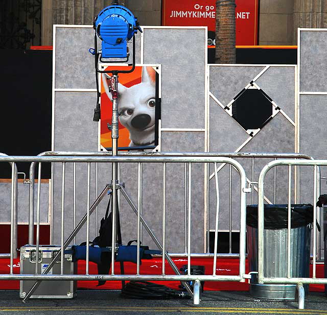 Setting up for another movie premiere at the restored El Capitan Theater on Hollywood Boulevard - Disney's flagship theater - High School Musical III is closing and Bolt will premiere late in the afternoon, with the red carpet and lights and all - Monday, November 17, 2008