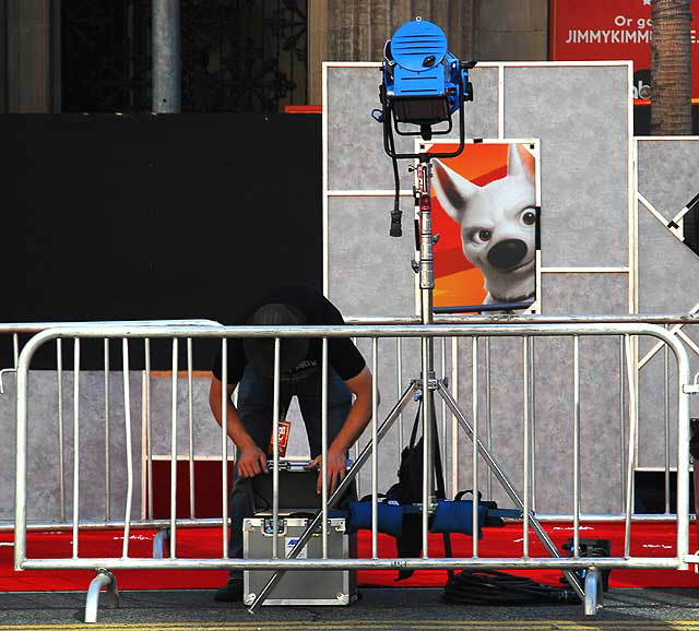 Setting up for another movie premiere at the restored El Capitan Theater on Hollywood Boulevard - Disney's flagship theater - High School Musical III is closing and Bolt will premiere late in the afternoon, with the red carpet and lights and all - Monday, November 17, 2008