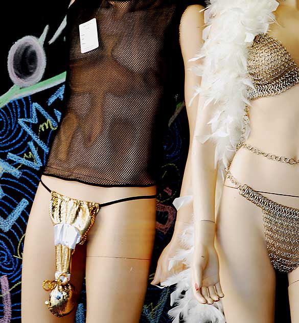 Golden Pig codpiece and mesh metal bikini - shop window on Hollywood Boulevard