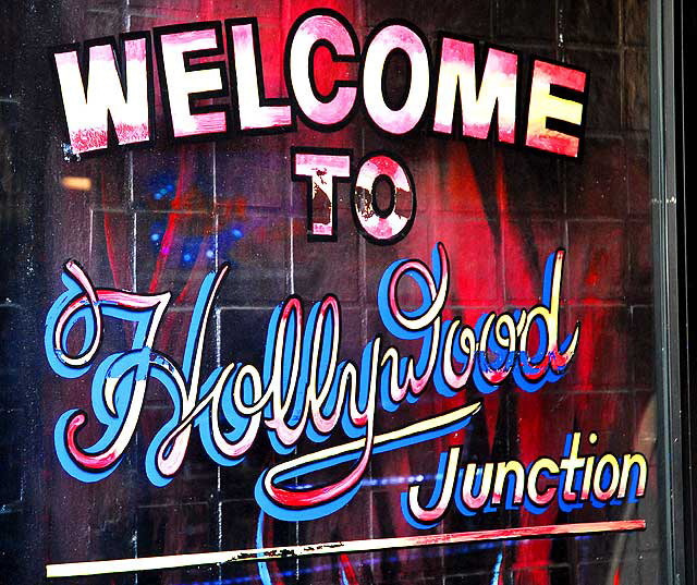 Hand painted sign on front door of Hollywood Junction, Hollywood Boulevard