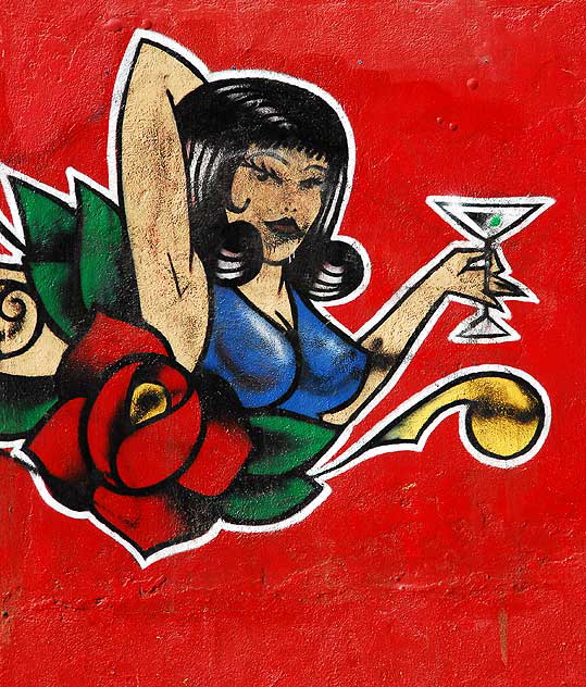 Woman with martini, red wall, mural at tattoo parlor, Venice Beach 