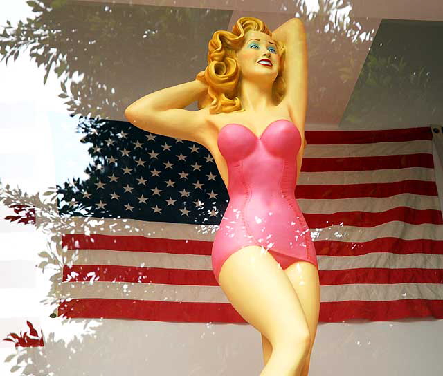 Pink Bathing Beauty and American Flag - window display, Iguana Vintage Clothing, Hollywood Boulevard