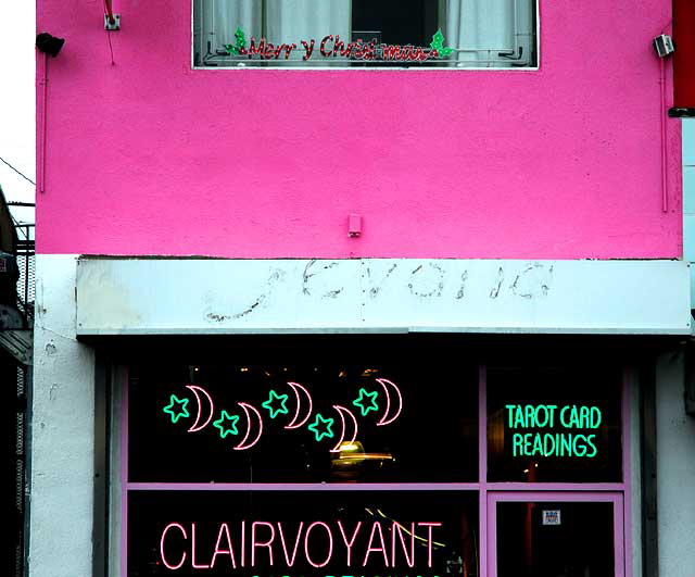 Merry Christmas sign, pink wall, neon moons - clairvoyant shop, Melrose Avenue