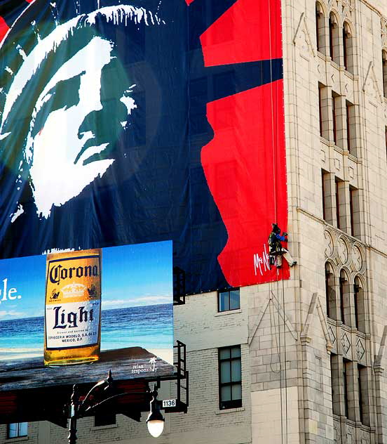 Statute of Liberty graphic being hung on the Hollywood Professional Building at Sycamore and Hollywood Boulevard - Friday, December 19, 2008