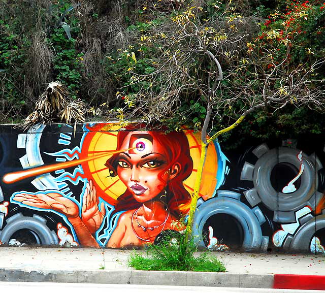 Mural on retaining wall, Sunset Boulevard near Benton Way, in Silverlake