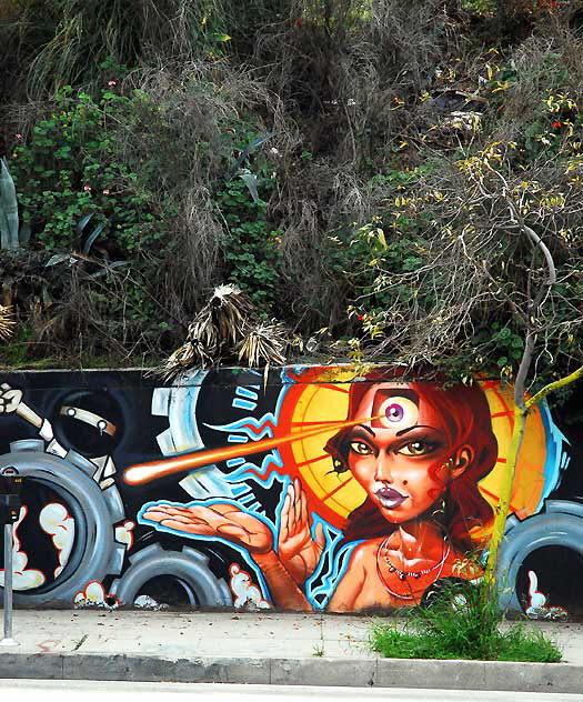 Mural on retaining wall, Sunset Boulevard near Benton Way, in Silverlake