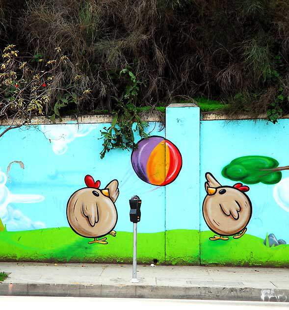 Mural on retaining wall, Sunset Boulevard near Benton Way, in Silverlake