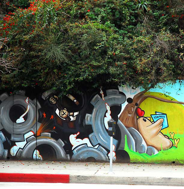 Mural on retaining wall, Sunset Boulevard near Benton Way, in Silverlake