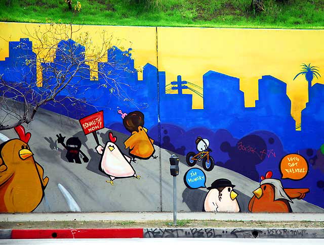 Mural on retaining wall, Sunset Boulevard near Coronado Street, in Silverlake