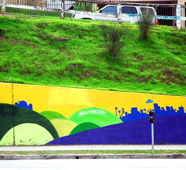 Mural on retaining wall, Sunset Boulevard near Coronado Street, in Silverlake