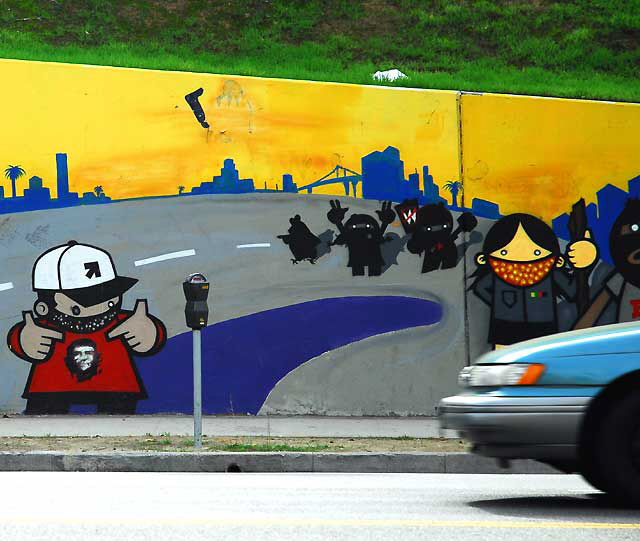 Mural on retaining wall, Sunset Boulevard near Coronado Street, in Silverlake