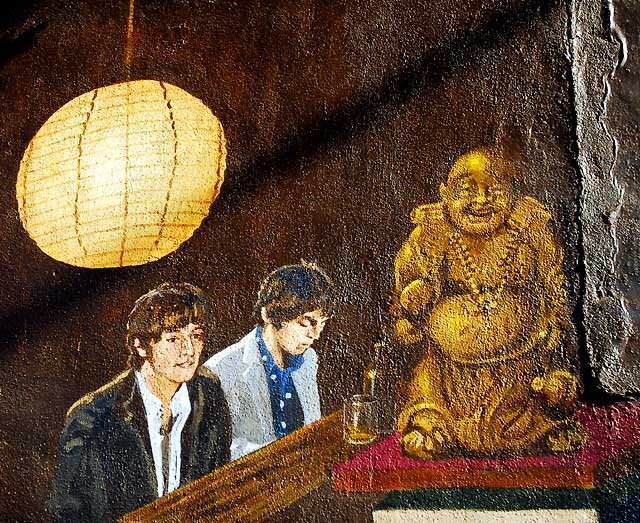 Two men at piano with gold Buddha, mural, Vineland Avenue, North Hollywood