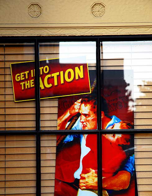 Get into the Action - graphic in window, L. Ron Hubbard Gallery, Hollywood Boulevard at Sycamore