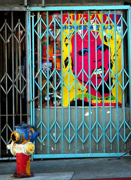 RuPaul poster in gated window, Hollywood Boulevard at Cherokee