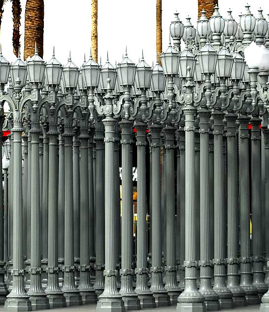 Chris Burden's "Urban Light," an installation of 202 vintage Los Angeles streetlamps at the new Broad Contemporary Art Museum (BCAM), Wilshire Boulevard