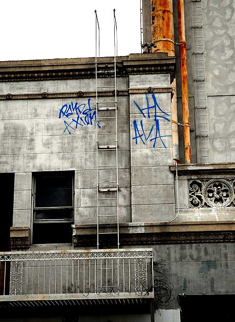 Fire escape with blue graffiti, Warner Pacific Theater, Wilcox Avenue, Hollywood