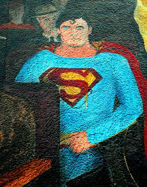 Superman in theater chair, mural detail, Wilcox Avenue, Hollywood