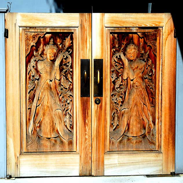 Wooden doors at Pink Pepper, Thai restaurant, La Brea Boulevard, Hollywood