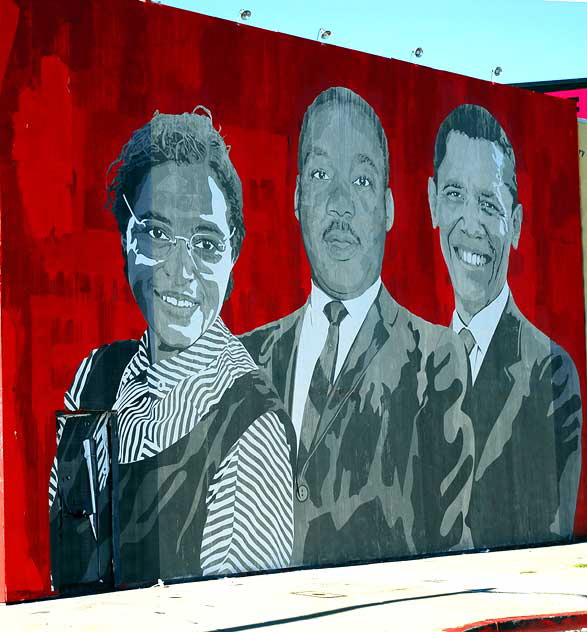 Rosa Parks, Martin Luther King and Barack Obama on a red wall on La Brea Boulevard 