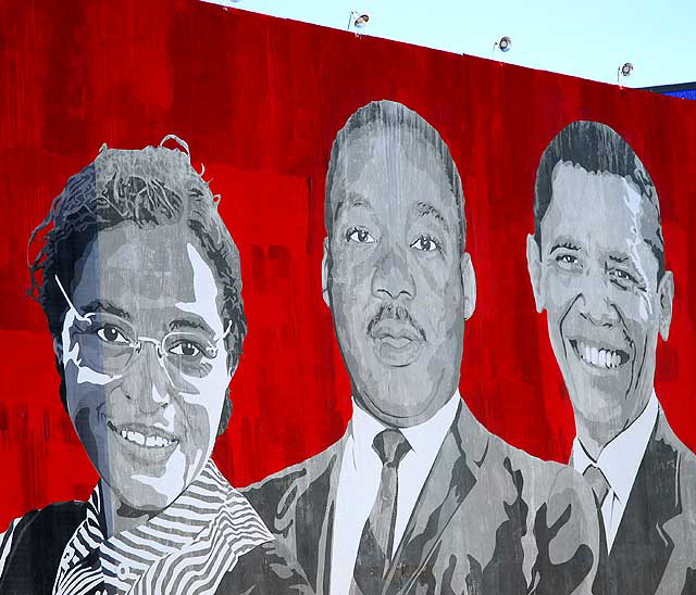 Rosa Parks, Martin Luther King and Barack Obama on a red wall on La Brea Boulevard 