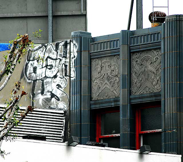 Silver graffiti on Art Deco building, Hollywood Boulevard at Wilcox