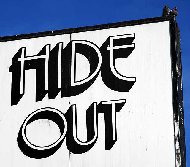 Pigeons on Hide Out sign, Melrose Avenue