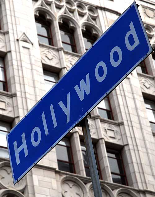 Blue Hollywood street sign, Hollywood Boulevard at Sycamore