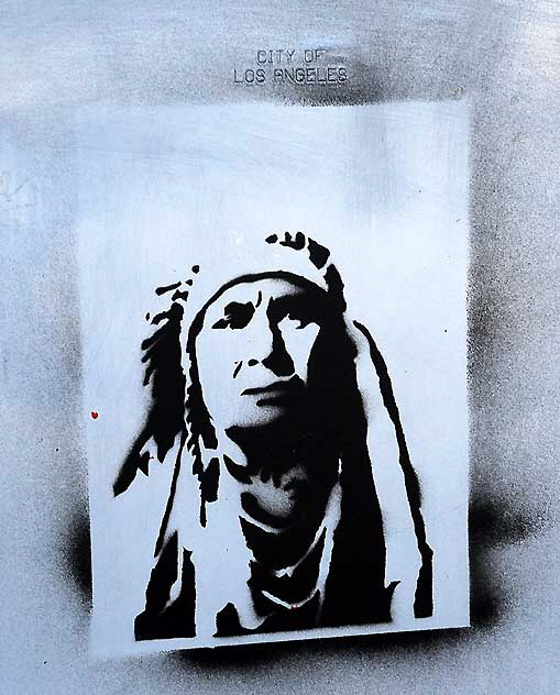 Indian chief stencil on City of Los Angeles utility box, Pico Boulevard 