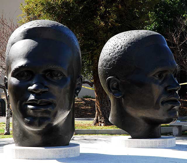 Robinson Memorial - portrait sculptures commemorating the lives of two brothers, Jackie and Mack Robinson, Garfield Avenue, north of Union Street, across the street from Pasadena City Hall