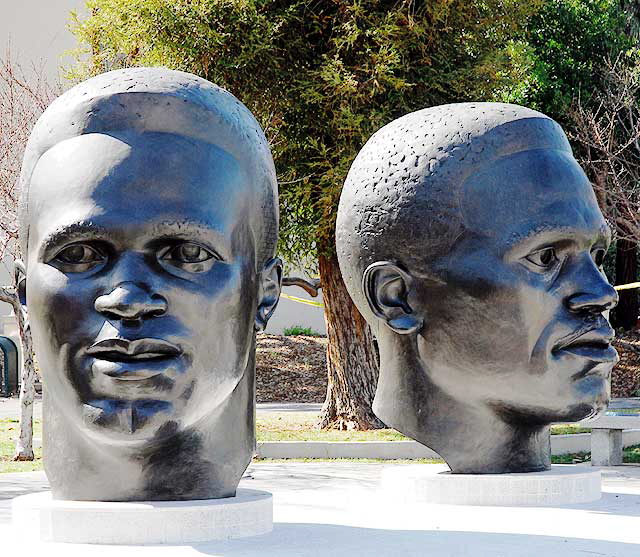 Robinson Memorial - portrait sculptures commemorating the lives of two brothers, Jackie and Mack Robinson, Garfield Avenue, north of Union Street, across the street from Pasadena City Hall Robinson Memorial - portrait sculptures commemorating the lives of two brothers, Jackie and Mack Robinson, Garfield Avenue, north of Union Street, across the street from Pasadena City Hall