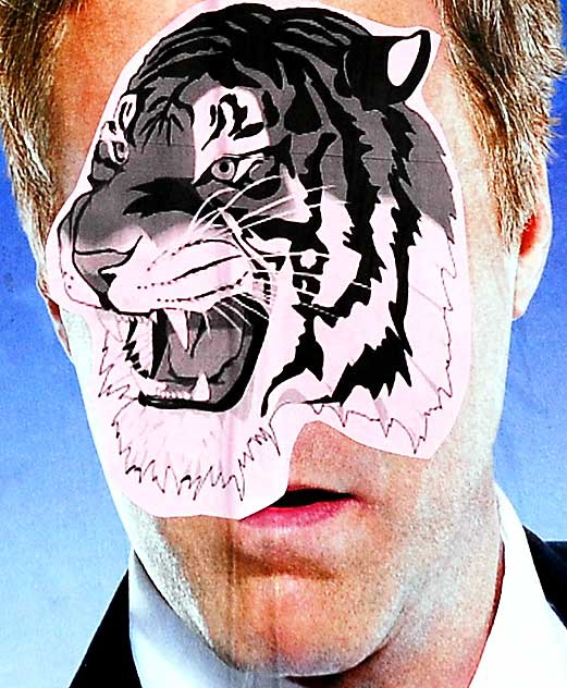 Defaced HBO poster, Will Farrell as George Bush, superseded by a tiger - exterior wall of the abandoned Sunset Pacific Motel, 4301 Sunset Boulevard at Bates Avenue