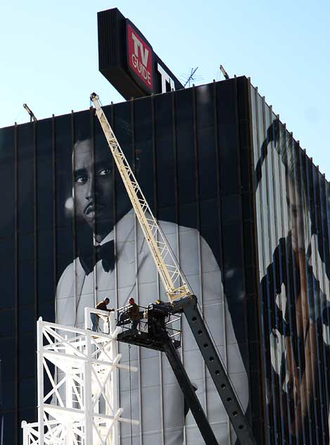 Crane workers at TV Guide building, Hollywood Boulevard