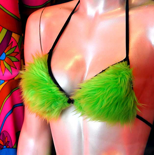 Green fuzzy bra - shop window on Hollywood Boulevard