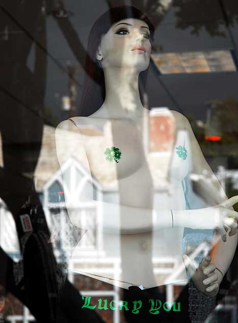 Saint Patrick's Day manikin in the window of Hustler Hollywood