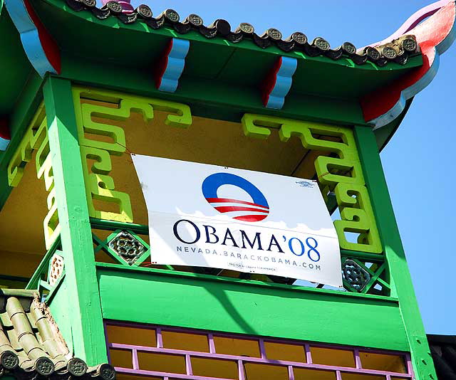 Obama sign on roof, Los Angeles' Chinatown