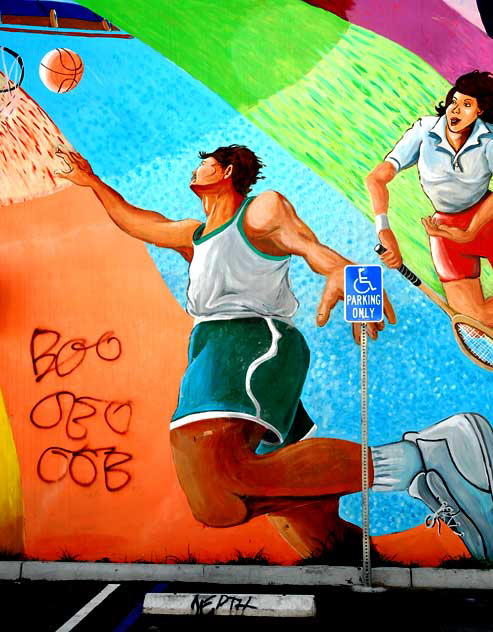 Mural by Carlos Callejo and Chris-Fernando Callejo at the Echo Park Community Sports Center, Glendale Boulevard in Echo Park Mural by Carlos Callejo and Chris-Fernando Callejo at the Echo Park Community Sports Center, Glendale Boulevard in Echo Park