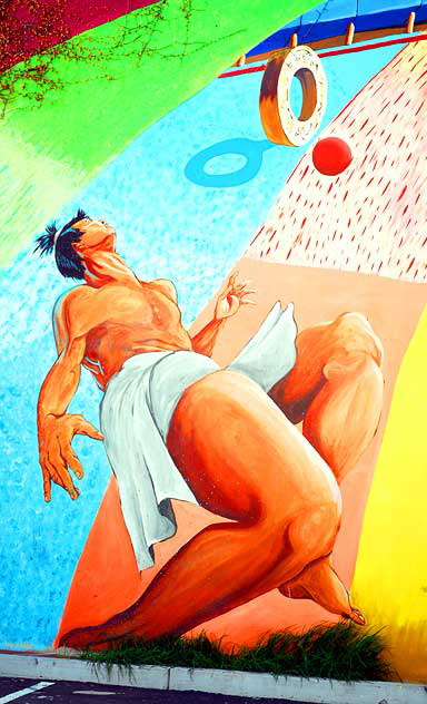 Mural by Carlos Callejo and Chris-Fernando Callejo at the Echo Park Community Sports Center, Glendale Boulevard in Echo Park Mural by Carlos Callejo and Chris-Fernando Callejo at the Echo Park Community Sports Center, Glendale Boulevard in Echo Park