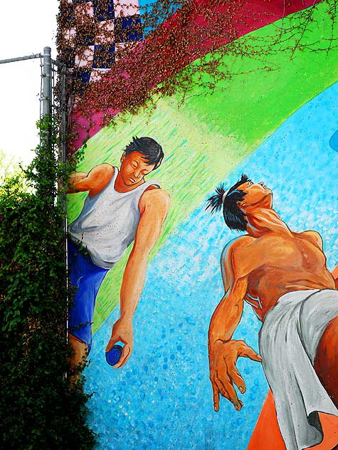 Mural by Carlos Callejo and Chris-Fernando Callejo at the Echo Park Community Sports Center, Glendale Boulevard in Echo Park Mural by Carlos Callejo and Chris-Fernando Callejo at the Echo Park Community Sports Center, Glendale Boulevard in Echo Park