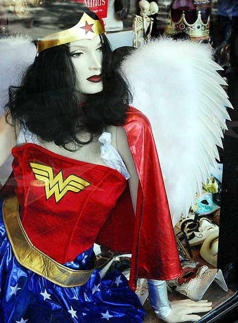 Wonder Woman manikin with Angel Wings, in a shop window on Hollywood Boulevard