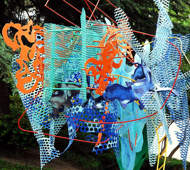 Multicolor grid-cloud sculpture, garden at Los Angeles County Museum of Art