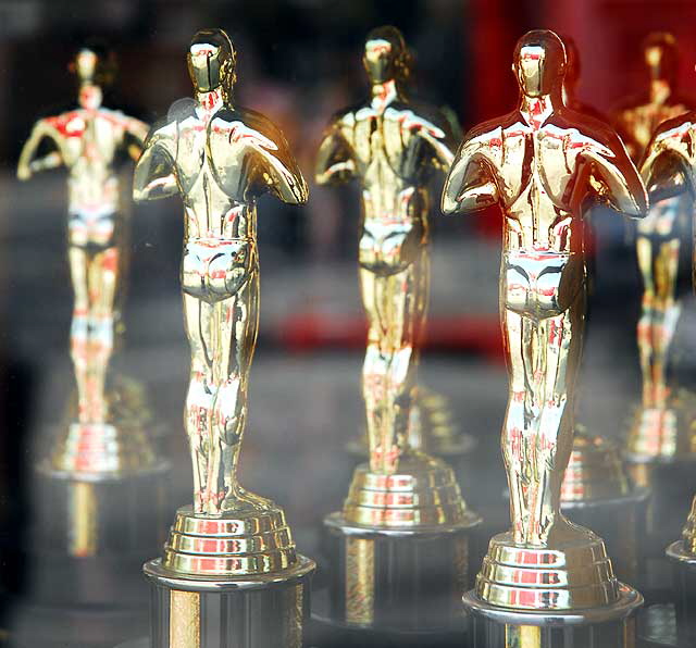 Oscar statuettes for sale in shop window, Hollywood Boulevard