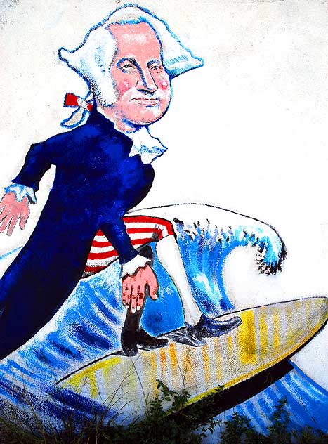 Mural, George Washington surfing, Ocean Park and Main, Santa Monica