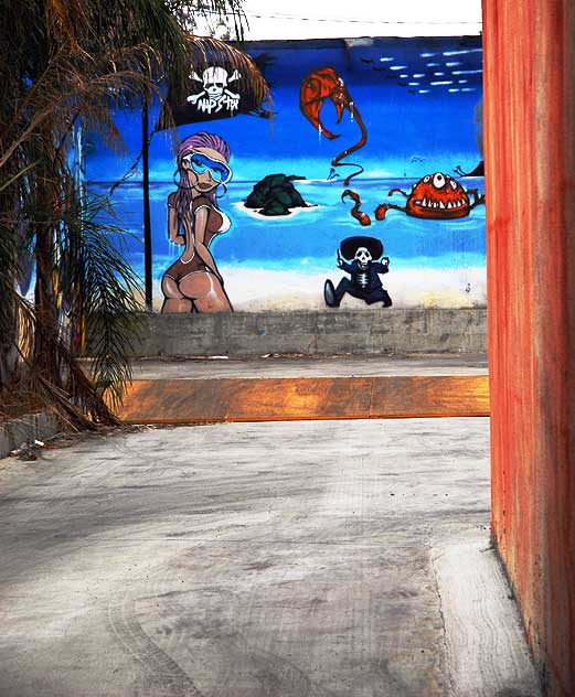 Pirate mural hidden in an enclosed parking area behind a vacant building on La Peer in West Hollywood