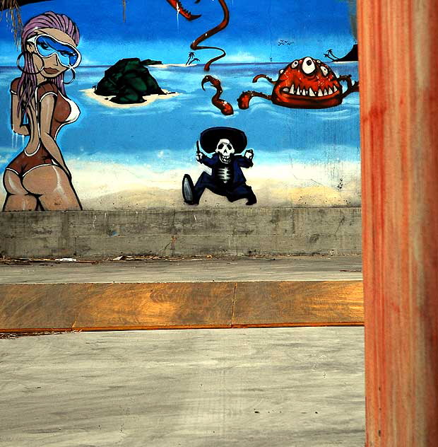 Pirate mural hidden in an enclosed parking area behind a vacant building on La Peer in West Hollywood