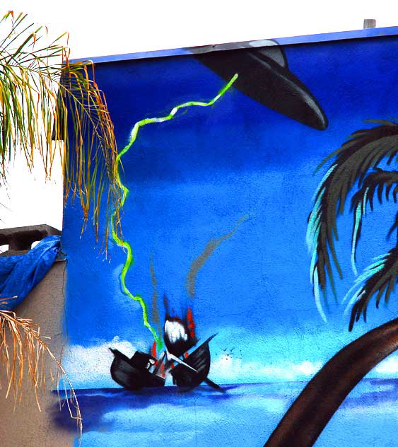 Pirate mural hidden in an enclosed parking area behind a vacant building on La Peer in West Hollywood