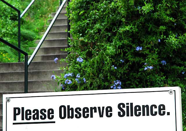 The lower parking lot at Sunset Plaza on a foggy morning in May - Please Observe Silence