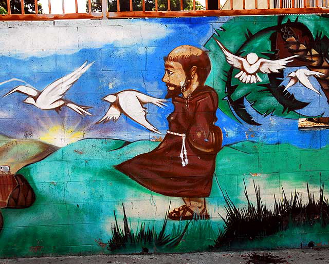 The St Francis of Assisi School, 1550 Maltman Avenue, at Sunset Boulevard - 1999 mural by Theo Garcia 