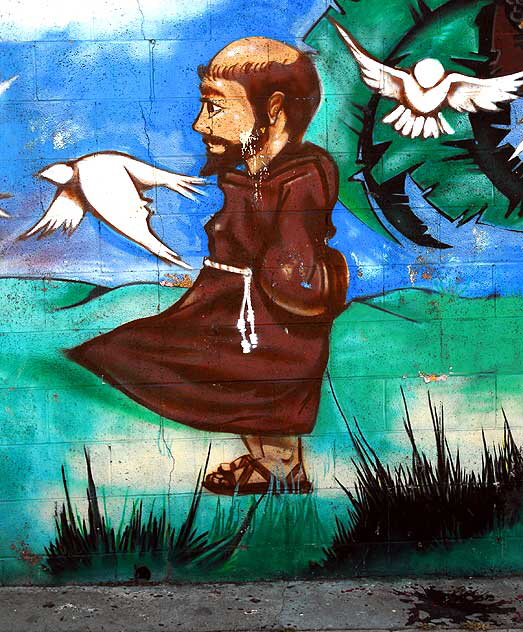 The St Francis of Assisi School, 1550 Maltman Avenue, at Sunset Boulevard - 1999 mural by Theo Garcia 