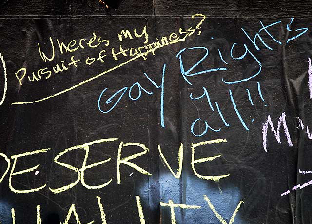 Wall of graffiti left over from gay rights rally, Hollywood Boulevard, Monday, June 1, 2009